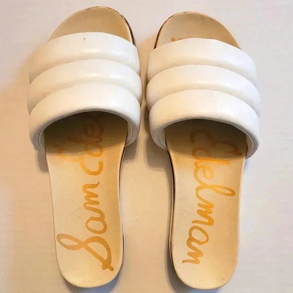 SAM EDELMAN Annalisa White leather puffer quilted open toe slip on sandals 9